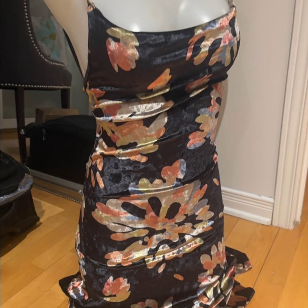 Black Floral Slip Dress with Metallic Accents